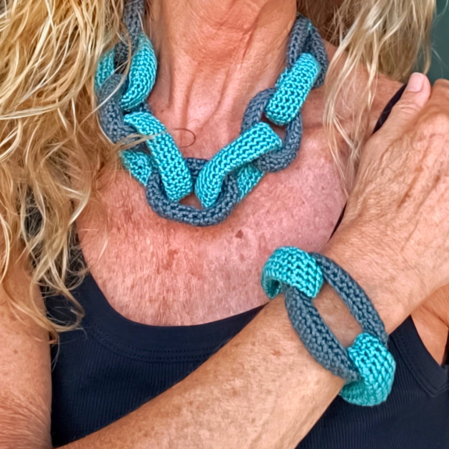 Gray Green Crochet Jewelry Set | Necklace & Bracelet | Handmade Gift Set - StepToLight