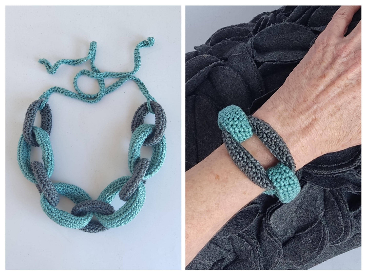 Gray Green Crochet Jewelry Set | Necklace & Bracelet | Handmade Gift Set - StepToLight