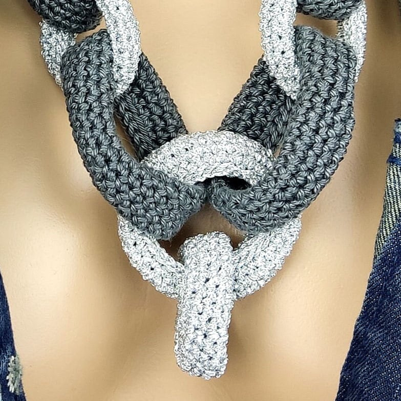 Gray Silver Chunky Crochet Statement Necklace - Luxe Braided Cotton Jewelry - StepToLight