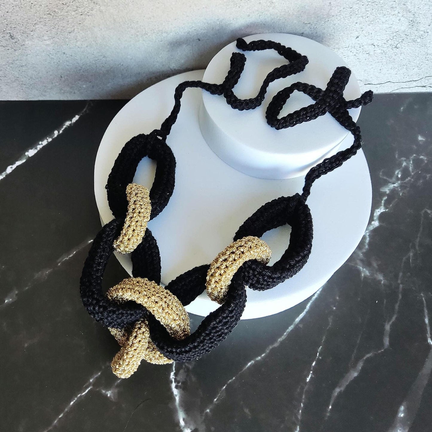 Gray Silver Chunky Crochet Statement Necklace - Luxe Braided Cotton Jewelry - StepToLight