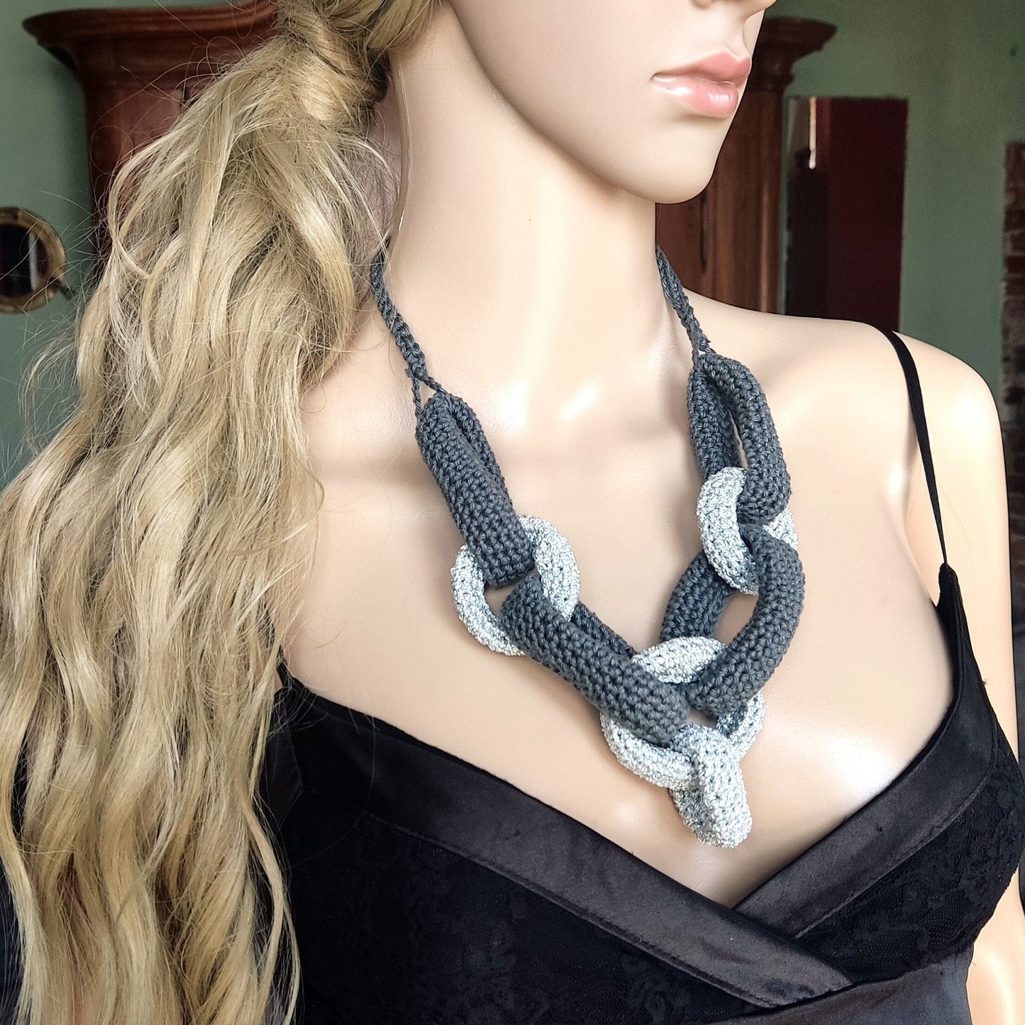 Gray Silver Chunky Crochet Statement Necklace - Luxe Braided Cotton Jewelry - StepToLight
