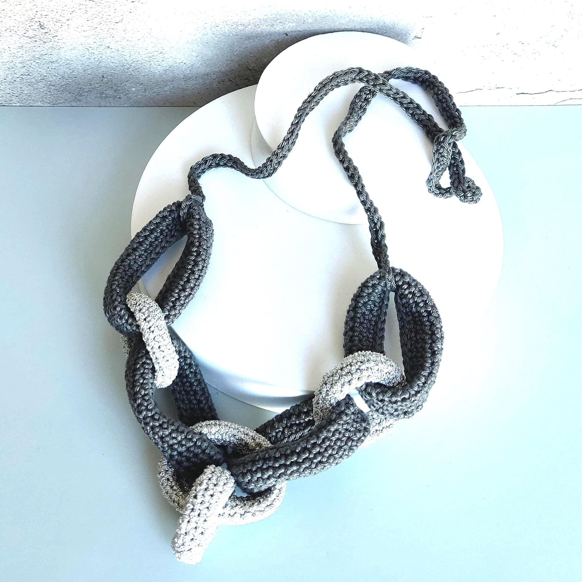 Gray Silver Chunky Crochet Statement Necklace - Luxe Braided Cotton Jewelry - StepToLight