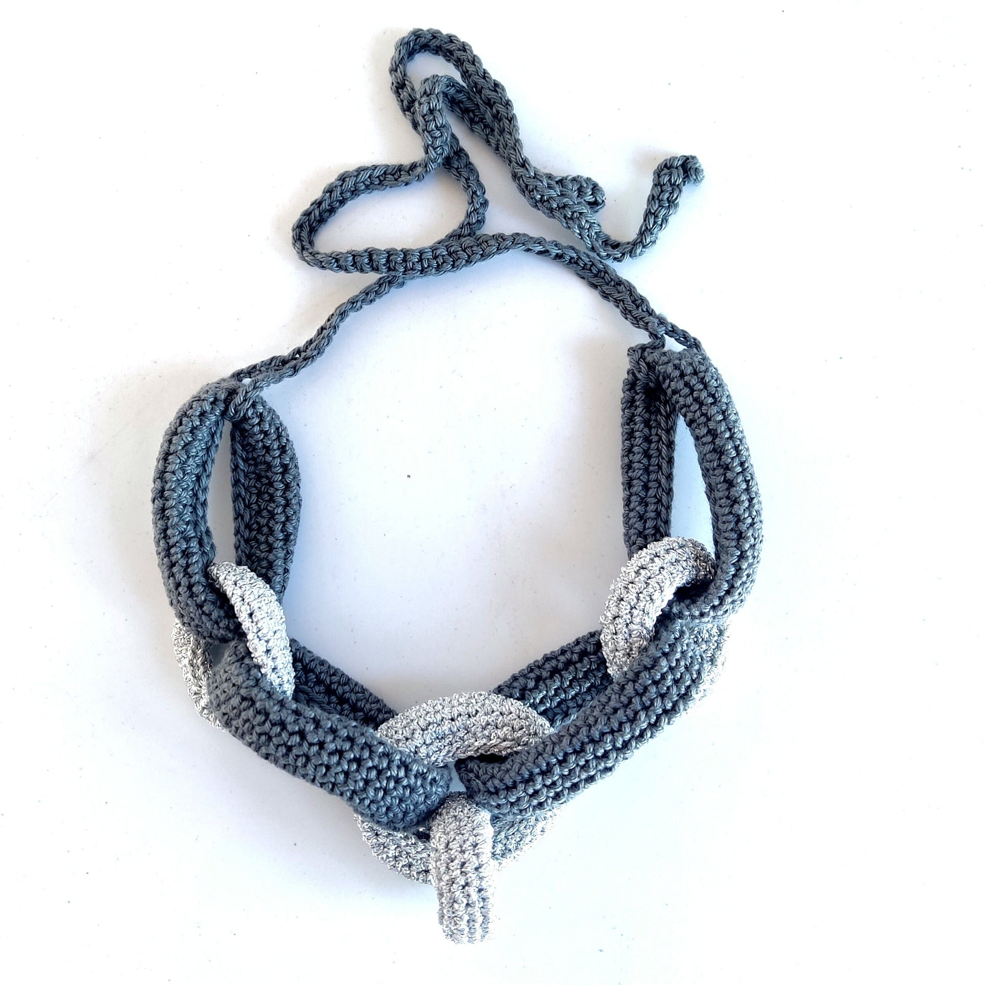 Gray Silver Chunky Crochet Statement Necklace - Luxe Braided Cotton Jewelry - StepToLight