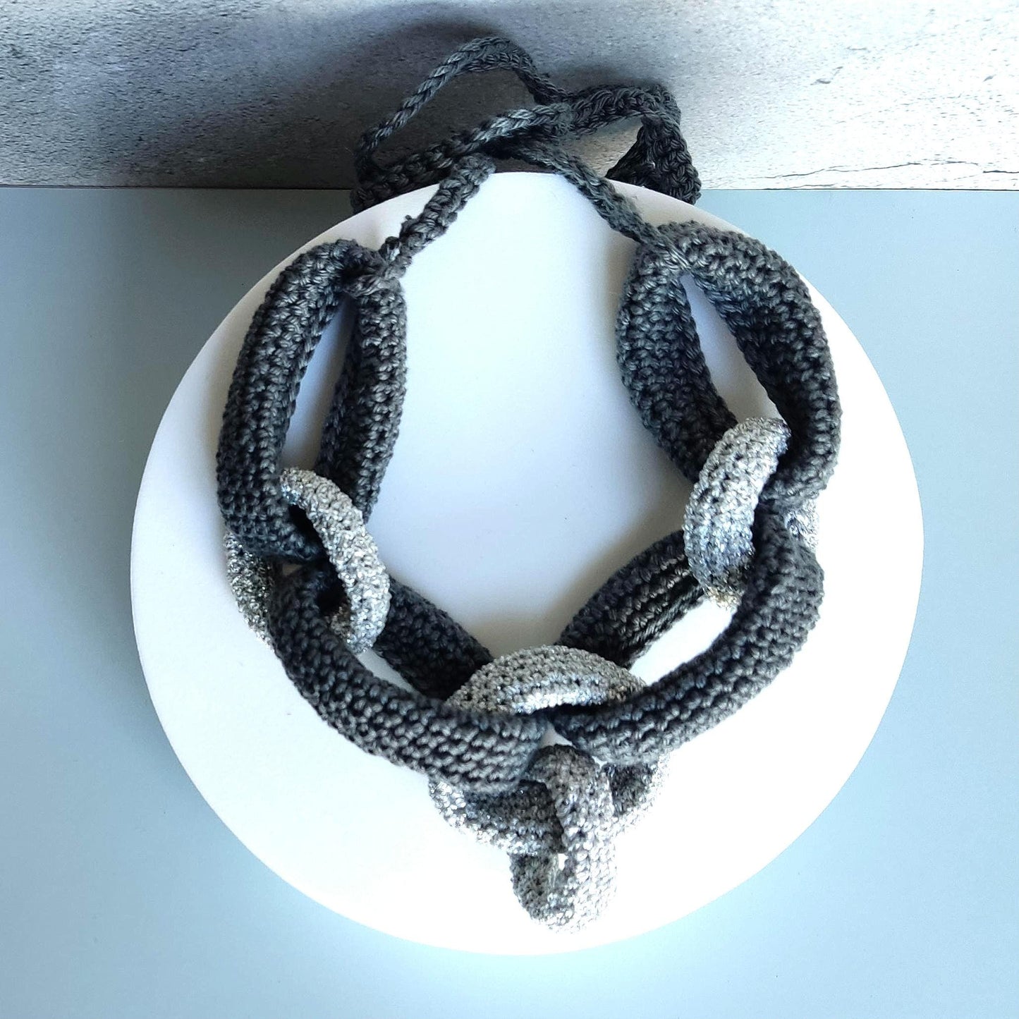 Gray Silver Chunky Crochet Statement Necklace - Luxe Braided Cotton Jewelry - StepToLight
