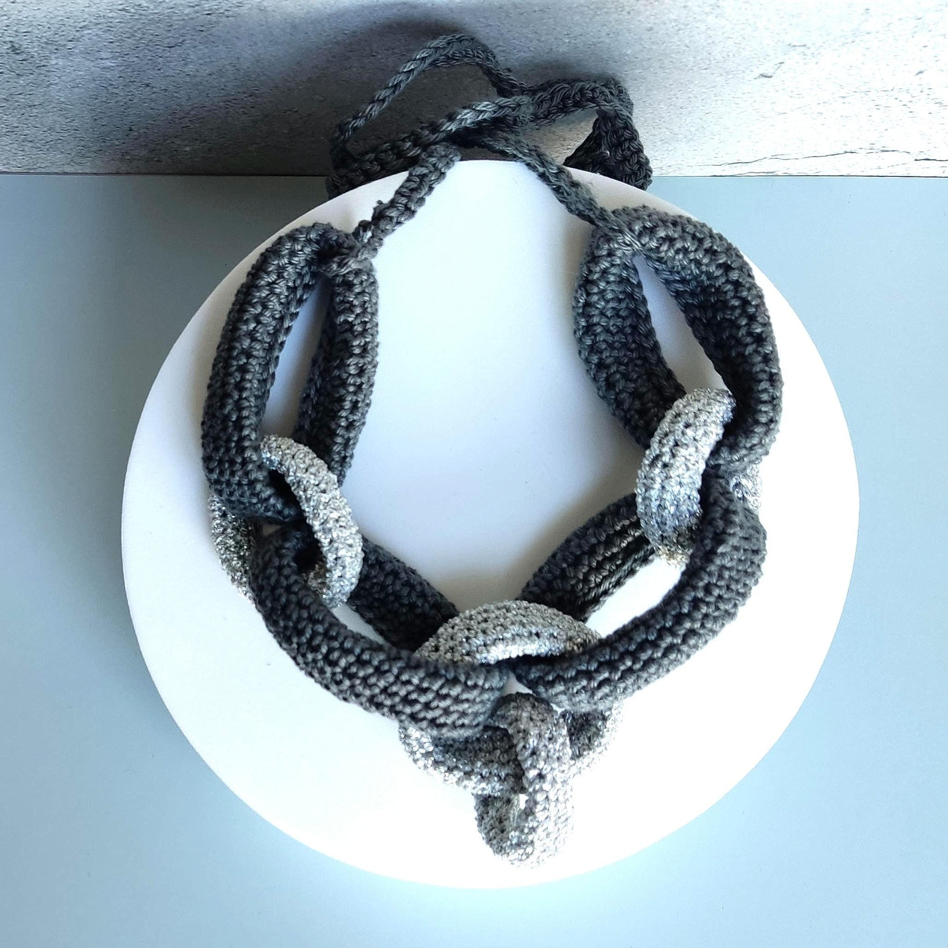 Gray Silver Chunky Crochet Statement Necklace - Luxe Braided Cotton Jewelry - StepToLight