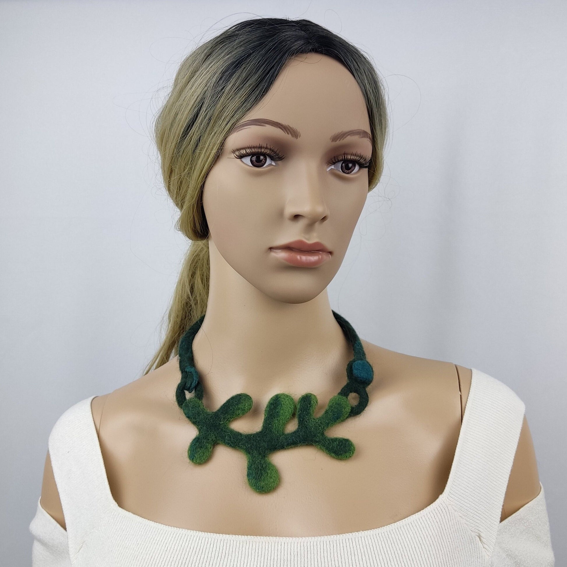 Green Felt Choker | Branch & Leaves Art to Wear | Handmade Merino Wool - StepToLight