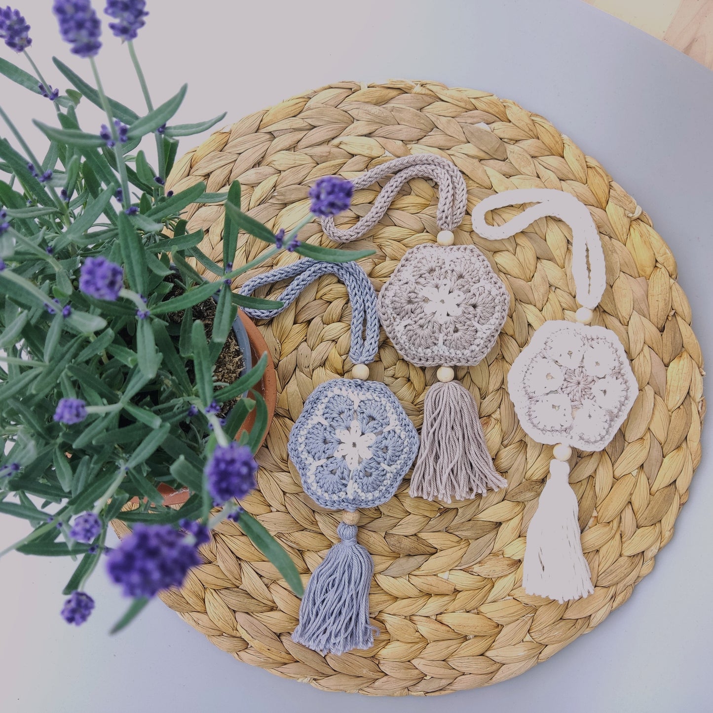 Handmade Crochet Lavender Sachet: Cotton Wardrobe Freshener with Wooden Beads - StepToLight