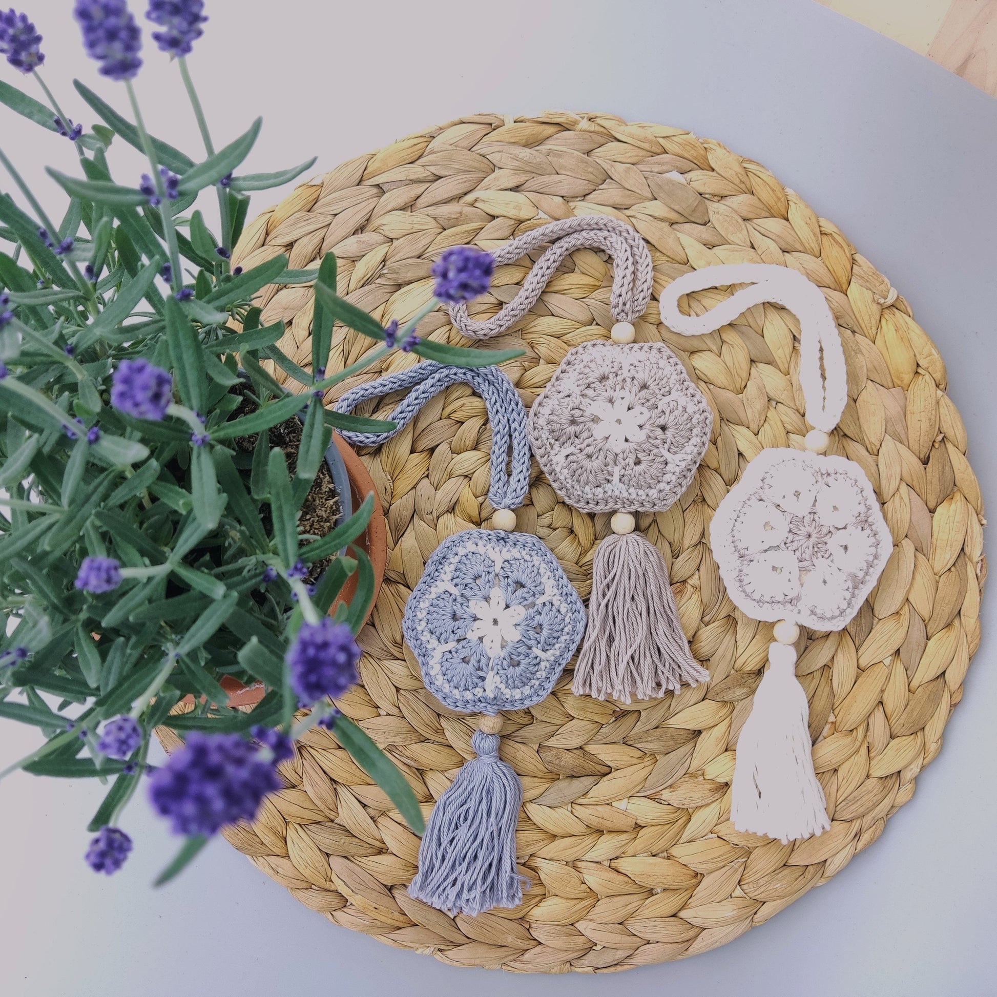 Handmade Crochet Lavender Sachet: Cotton Wardrobe Freshener with Wooden Beads - StepToLight