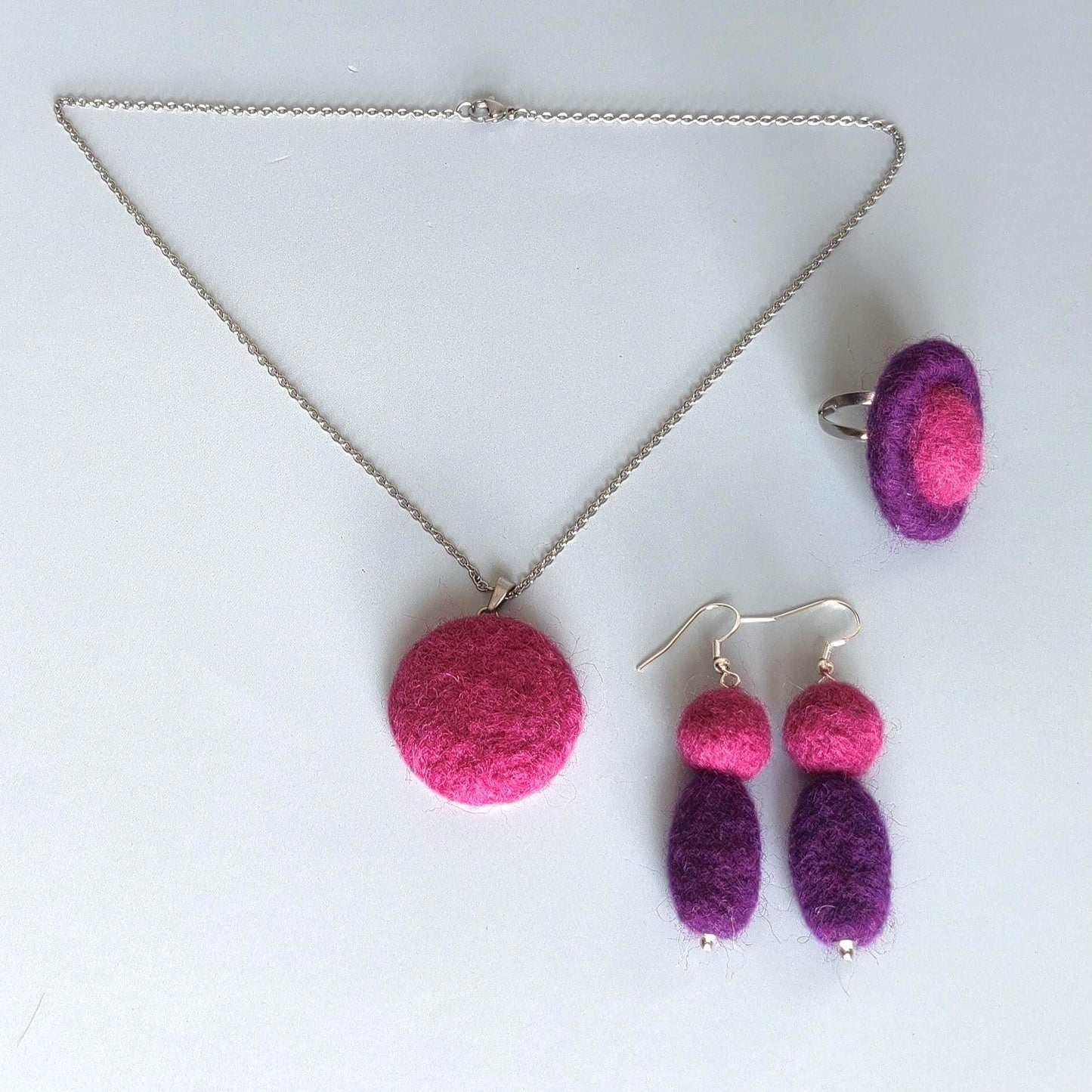 Hot Pink Cabochon Necklace Needle Felted Pendant Handmade Fiber Jewelry Stainless Steel Chain Boho - StepToLight