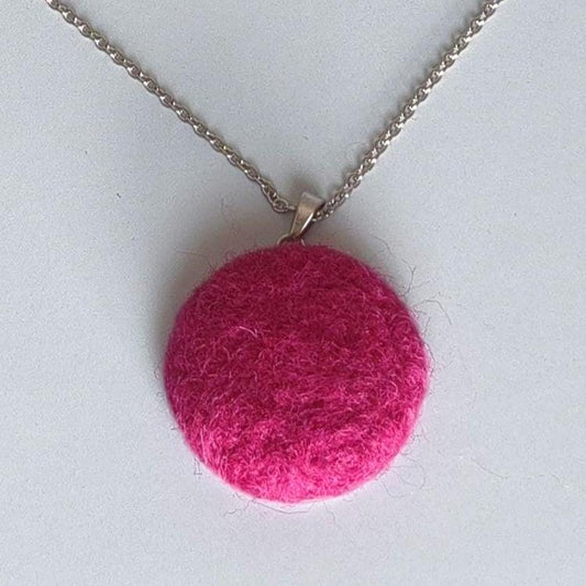 Hot Pink Cabochon Necklace Needle Felted Pendant Handmade Fiber Jewelry Stainless Steel Chain Boho - StepToLight