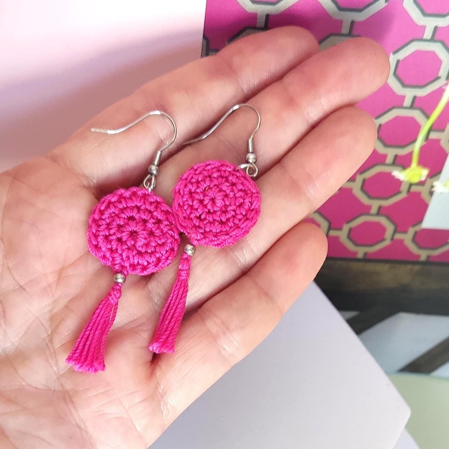 Hot Pink Crochet Tassel Earrings: Elegant Boho Jewelry Gift - StepToLight