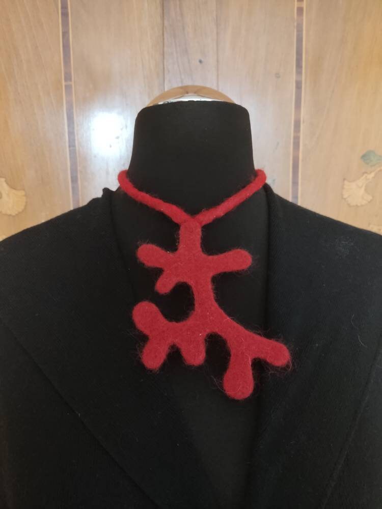 Red Wool Felted Choker - Branch & Leaves Art to Wear Necklace