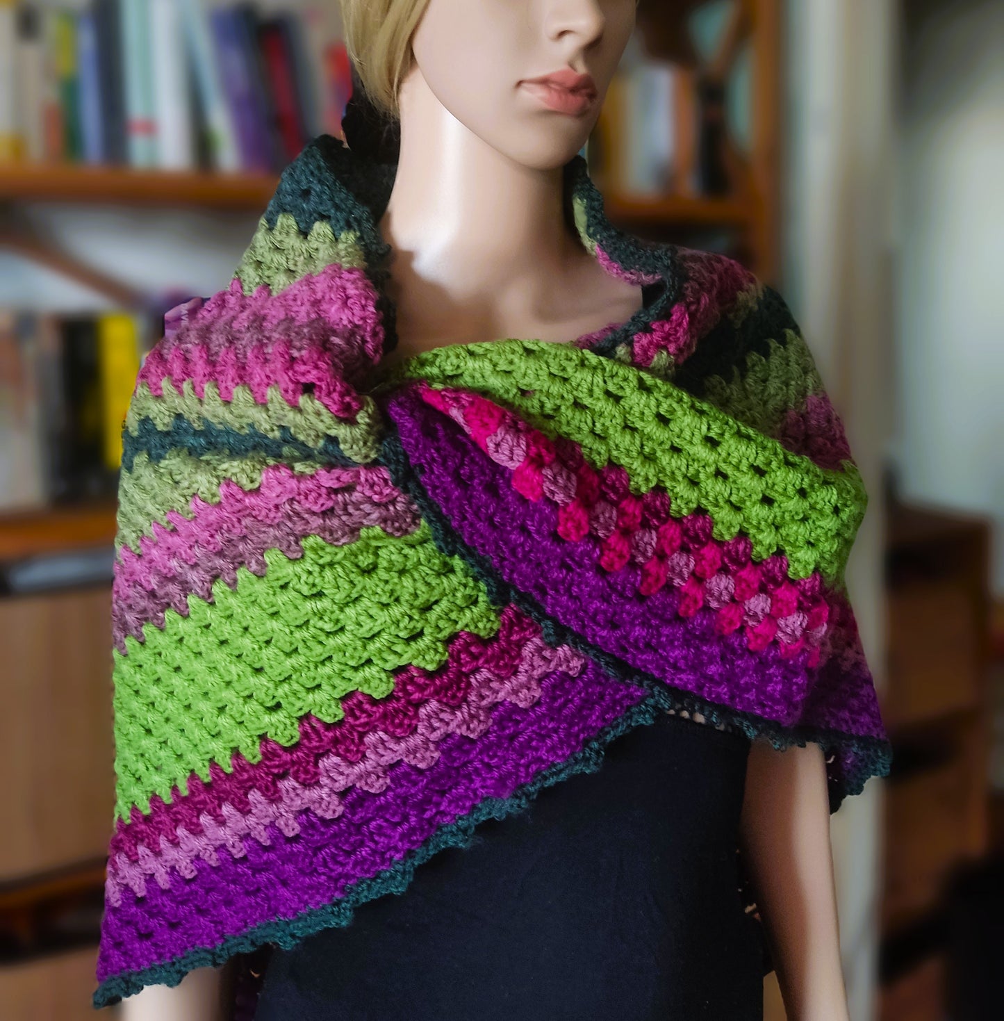 Crochet Granny Square Triangle Scarf - Multicolor Striped Wrap Shawl