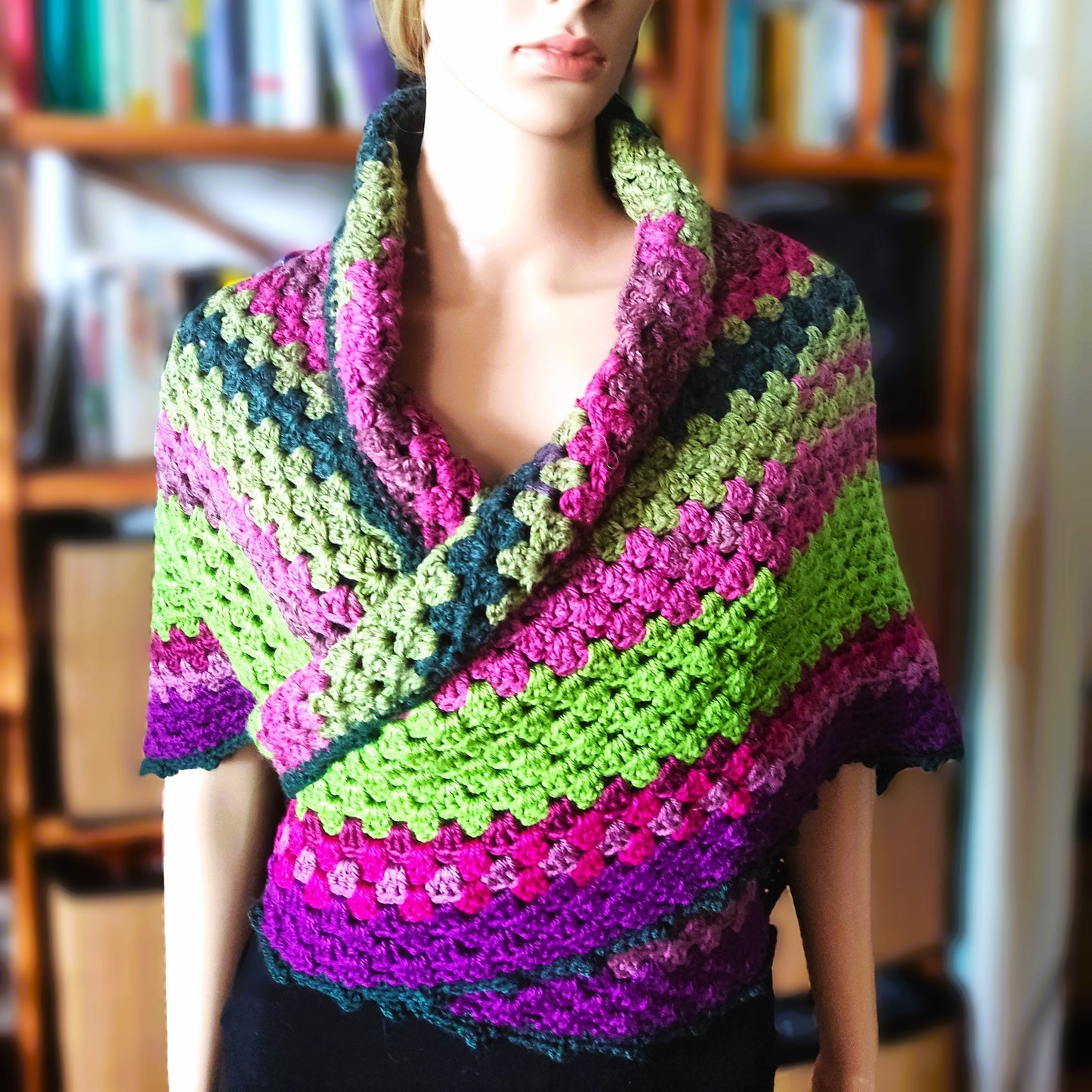 Crochet Granny Square Triangle Scarf - Multicolor Striped Wrap Shawl