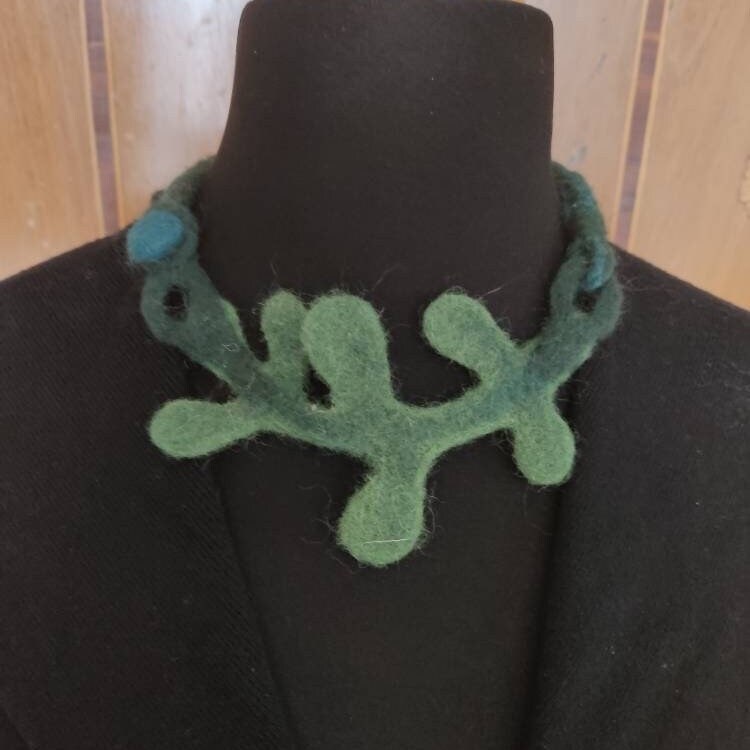 Green Wool Felted Choker - Branch & Leaves Art to Wear Necklace