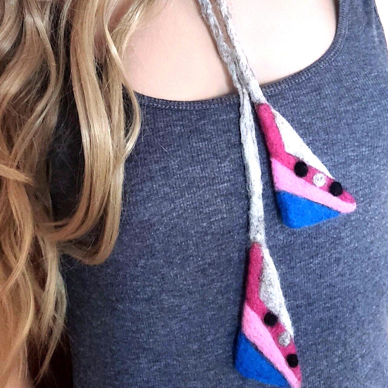 Felted Wool Lariat Necklace: Pink Blue Convertible Scarf Necklace