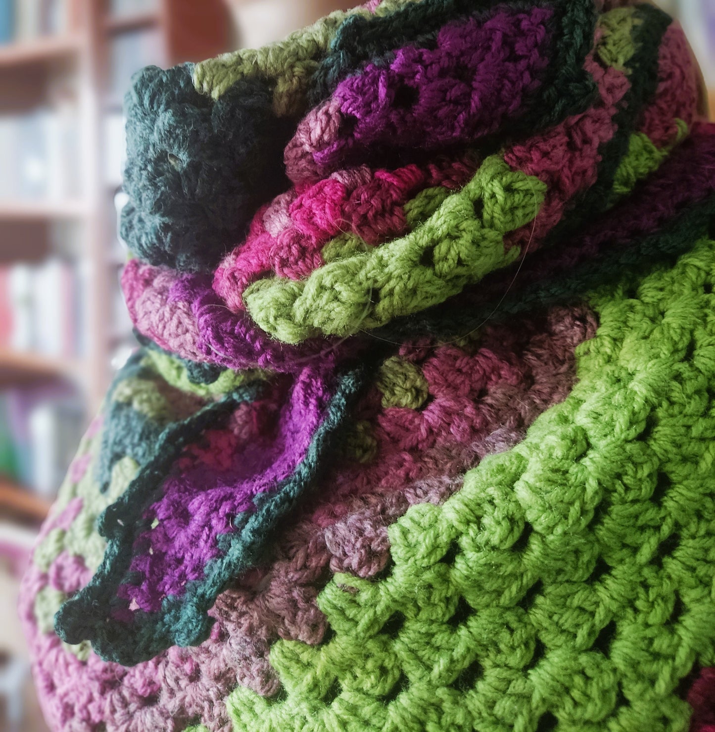 Crochet Granny Square Triangle Scarf - Multicolor Striped Wrap Shawl