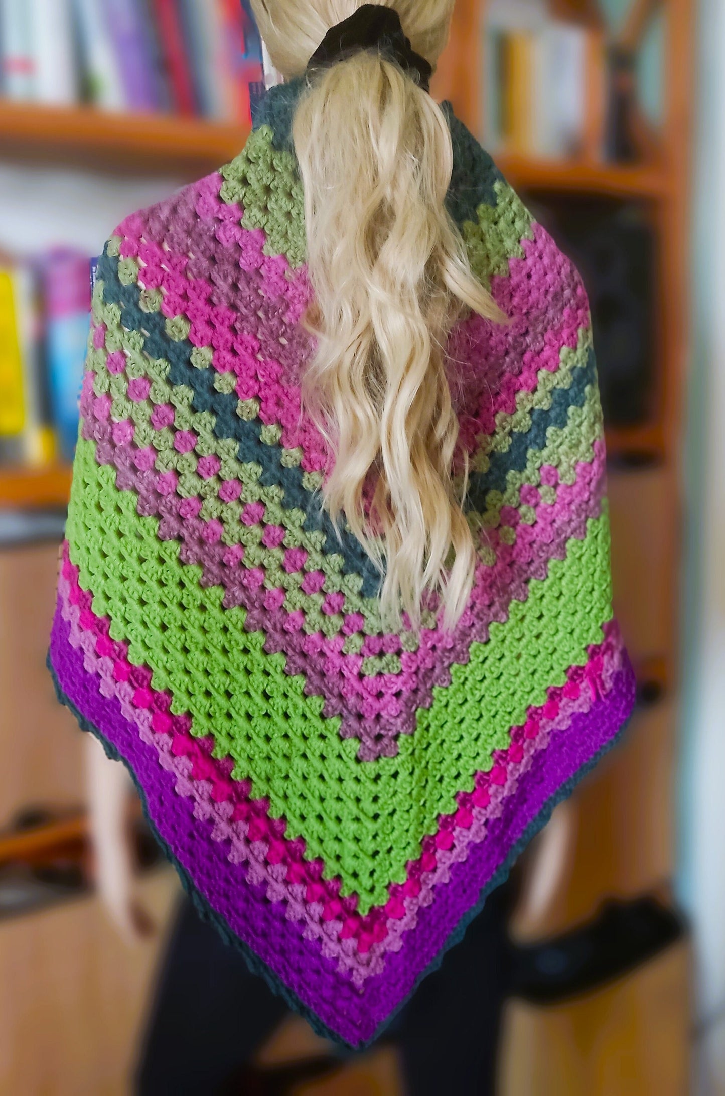 Crochet Granny Square Triangle Scarf - Multicolor Striped Wrap Shawl