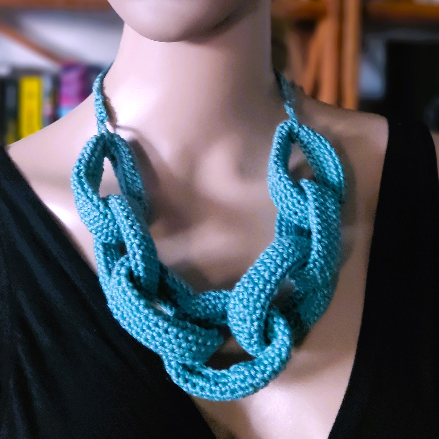 Royal Blue Chunky Crochet Chain Necklace - Handmade Braided Cotton Statement Jewelry, Adjustable