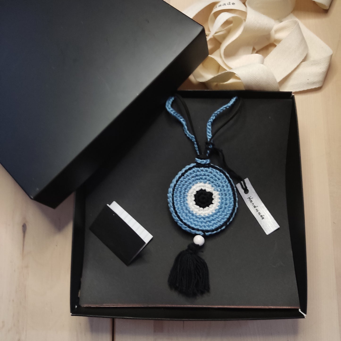 Chocolate Brown Crochet Evil Eye Pendant Necklace - Boho Tassel Leather Strap, Protection Jewelry