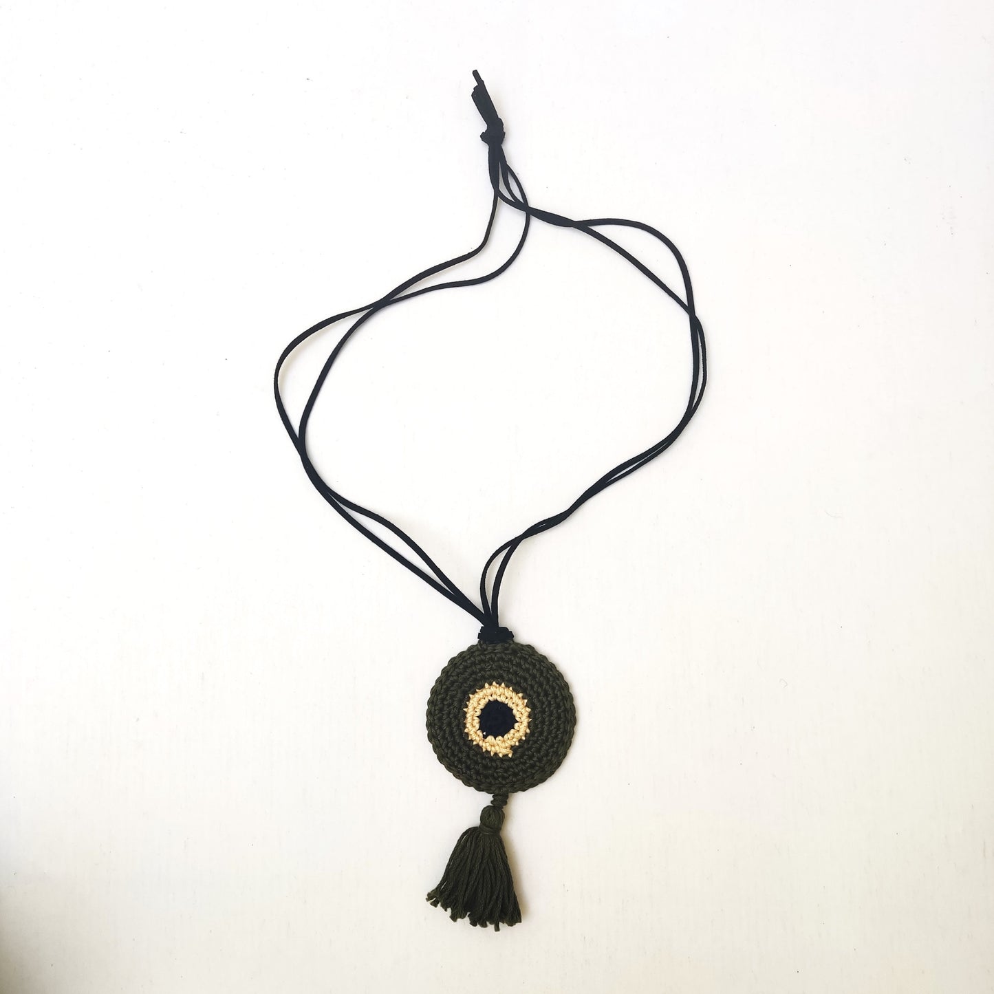 Crochet Evil Eye Pendant Necklace - Beaded Tassel with Leather Strap, Boho Protection Jewelry