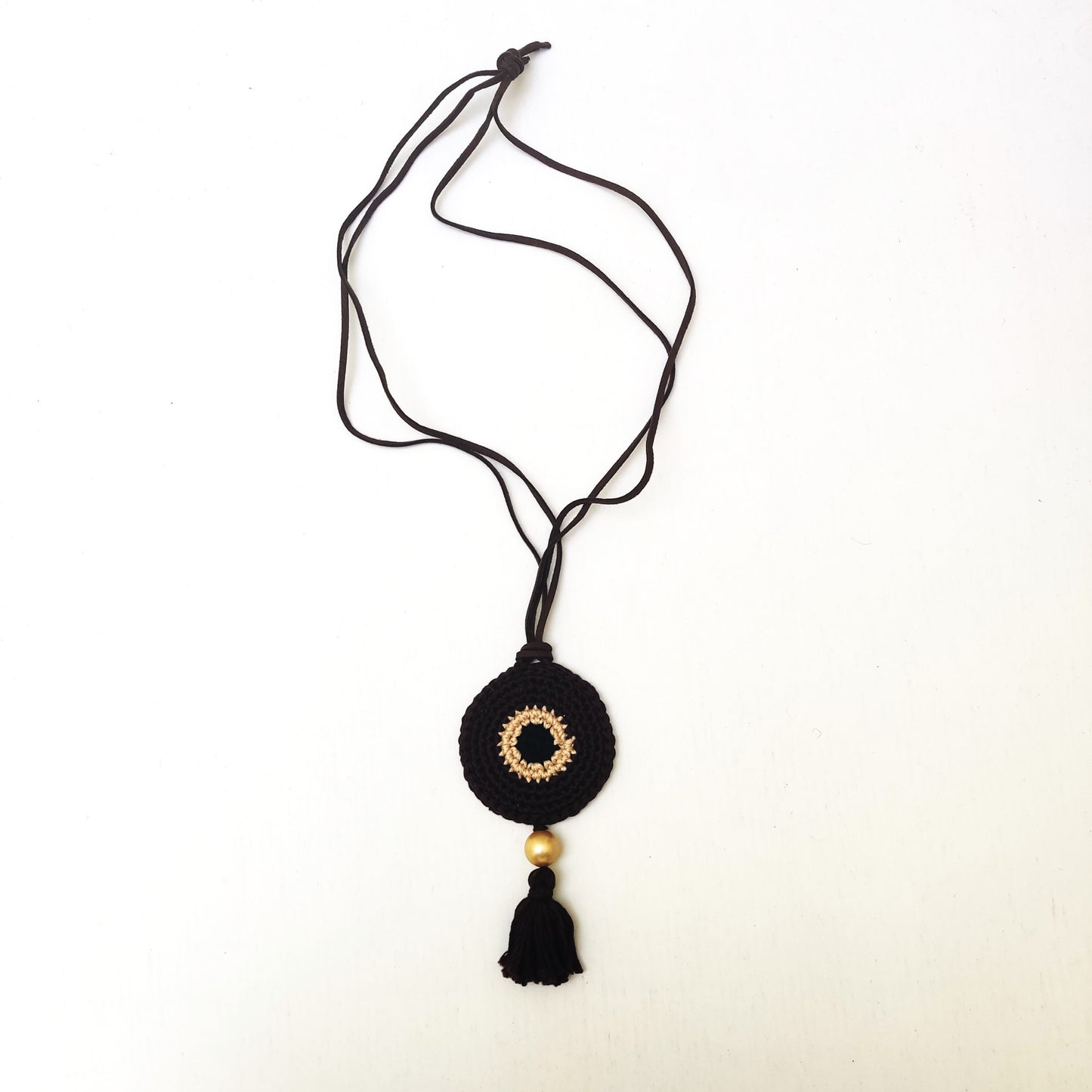 Crochet Evil Eye Pendant Necklace - Beaded Tassel with Leather Strap, Boho Protection Jewelry