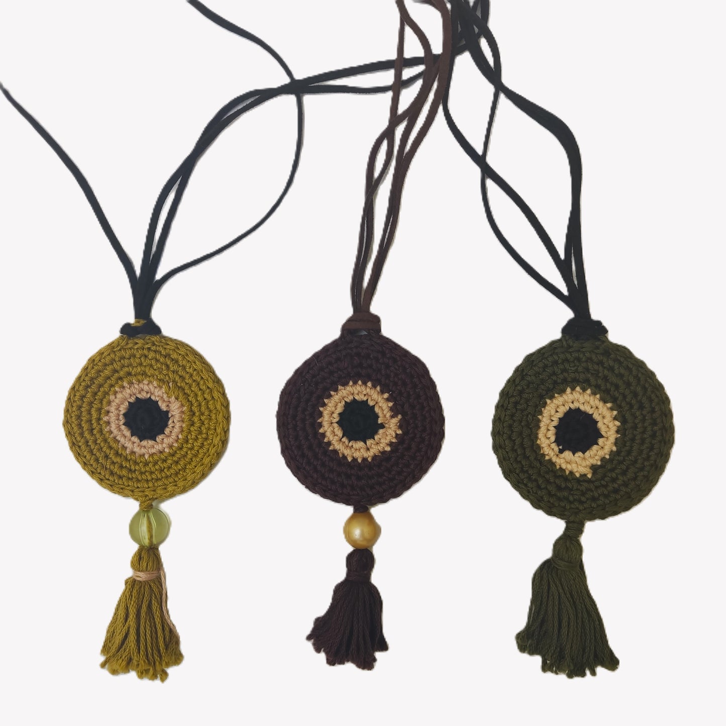 Crochet Evil Eye Pendant Necklace - Beaded Tassel with Leather Strap, Boho Protection Jewelry