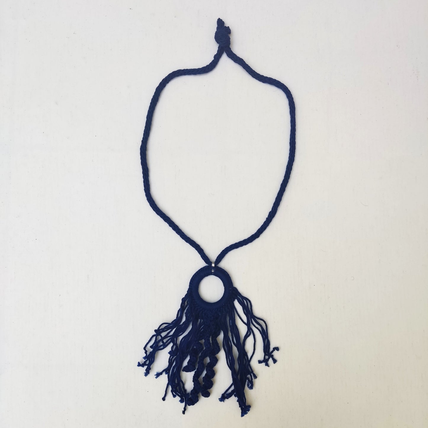 Beige Boho Crochet Pendant Necklace - Handmade Cotton Fringe, Adjustable Length