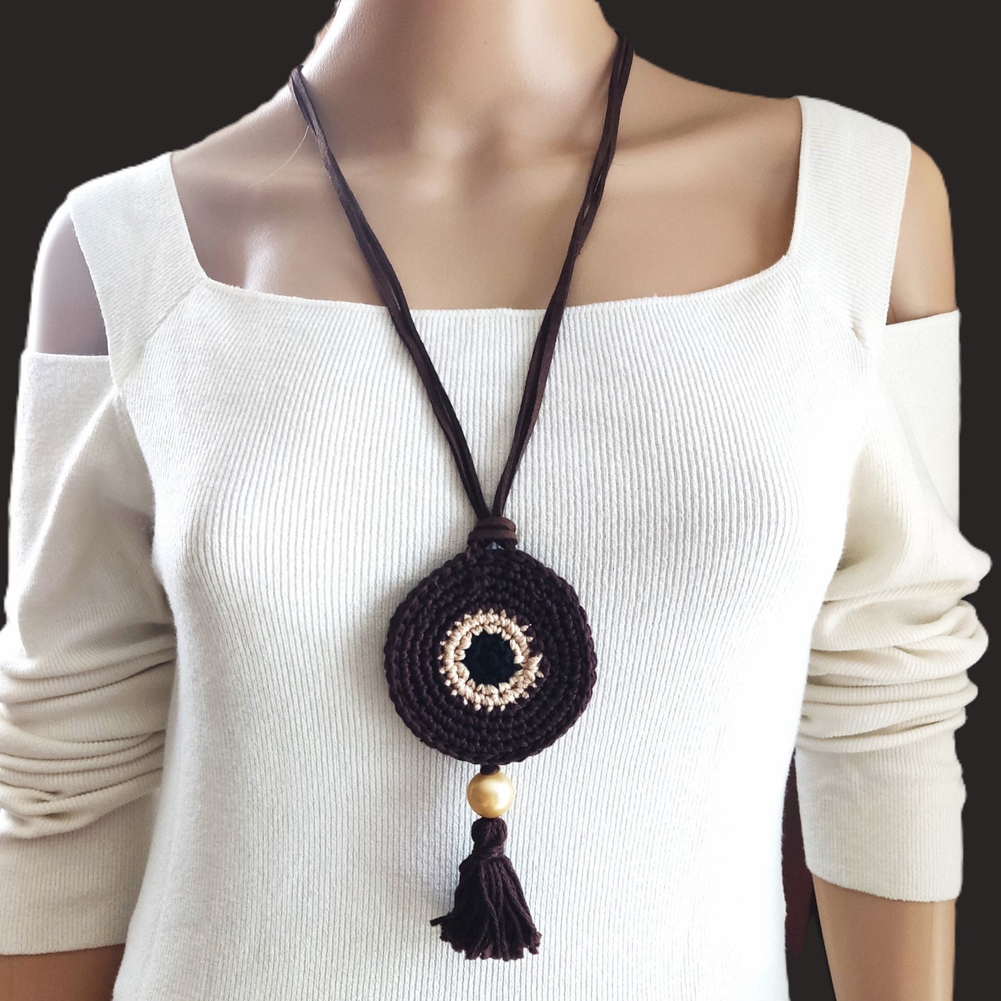 Chocolate Brown Crochet Evil Eye Pendant Necklace - Boho Tassel Leather Strap, Protection Jewelry