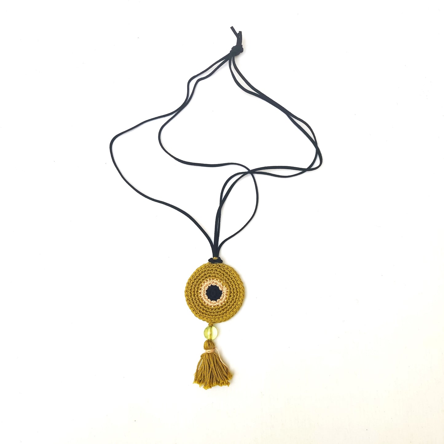 Olive Green Crochet Evil Eye Pendant Necklace - Boho Cord with Leather Strap, Protection Jewelry