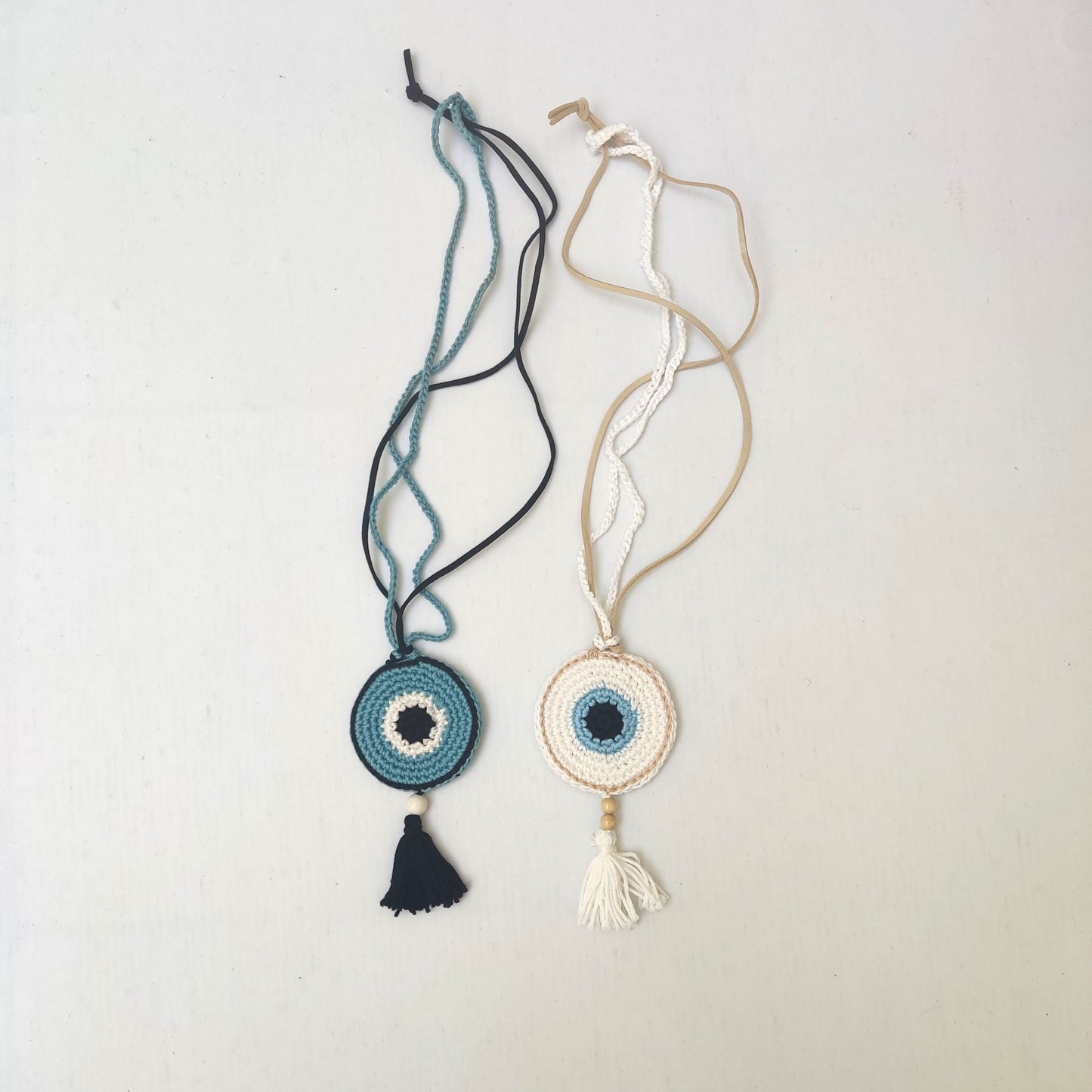 Olive Green Crochet Evil Eye Pendant Necklace - Boho Cord with Leather Strap, Protection Jewelry