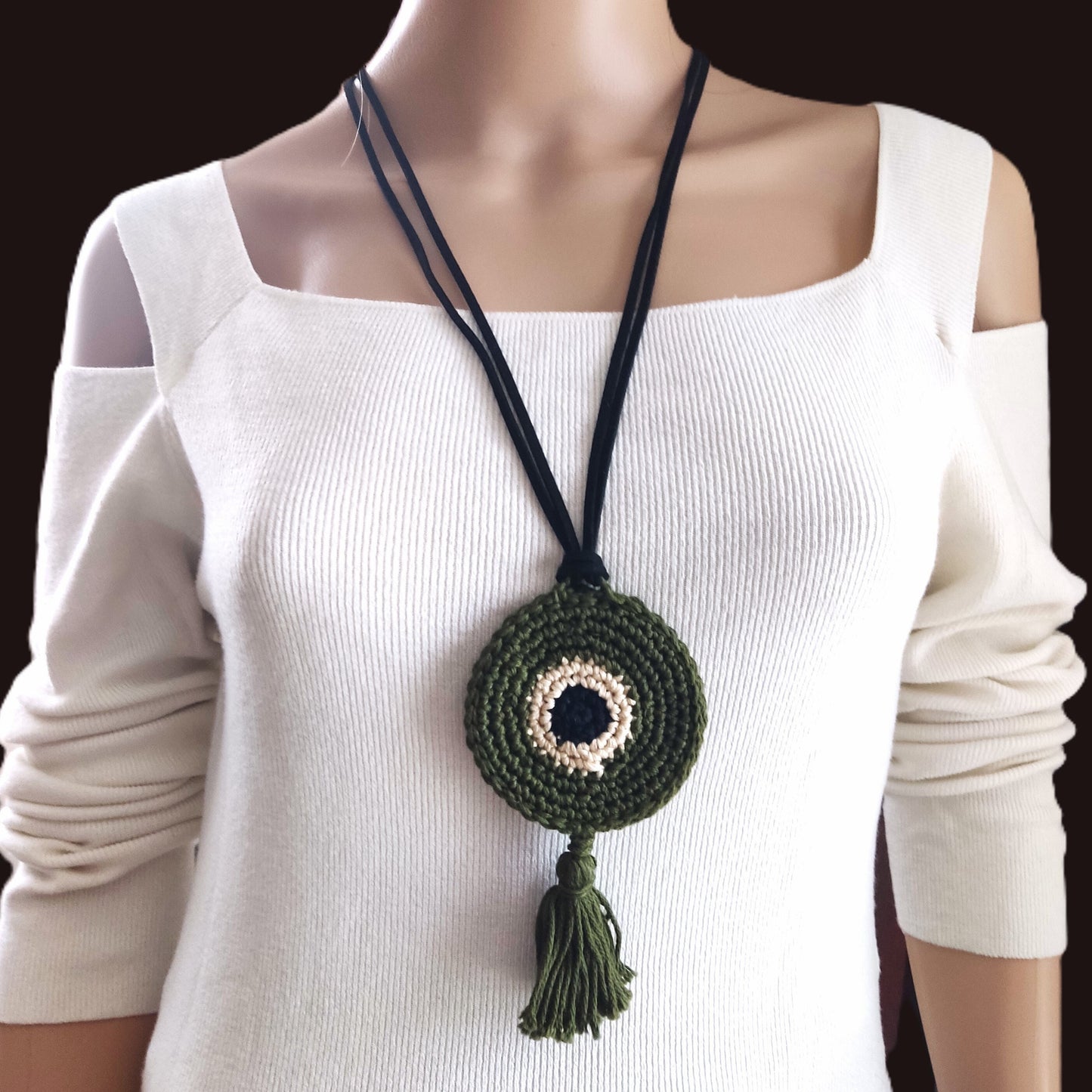 Olive Green Crochet Evil Eye Pendant Necklace - Boho Cord with Leather Strap, Protection Jewelry