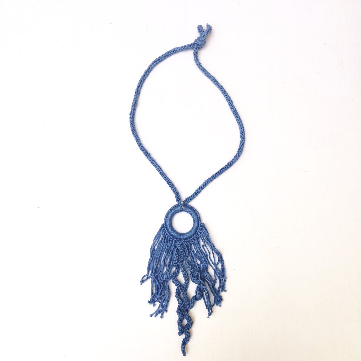 Beige Boho Crochet Pendant Necklace - Handmade Cotton Fringe, Adjustable Length