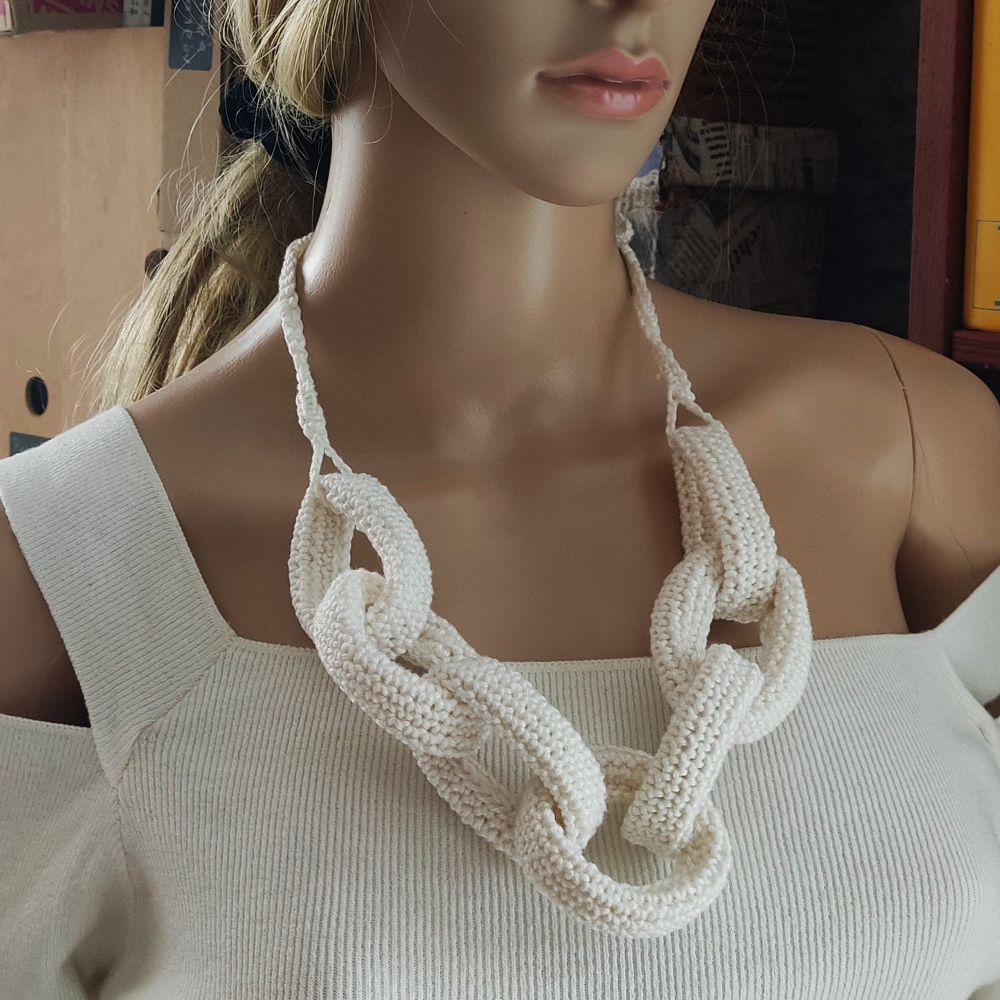 Chunky Crochet Chain Necklace: Red Cotton Braided Statement Jewelry