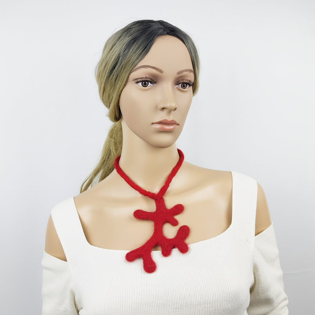 Red Wool Felted Choker - Branch & Leaves Art to Wear Necklace