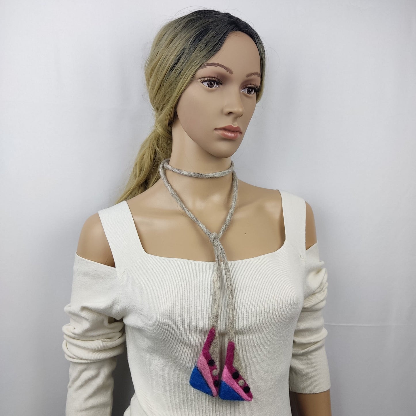 Felted Wool Lariat Necklace: Pink Blue Convertible Scarf Necklace