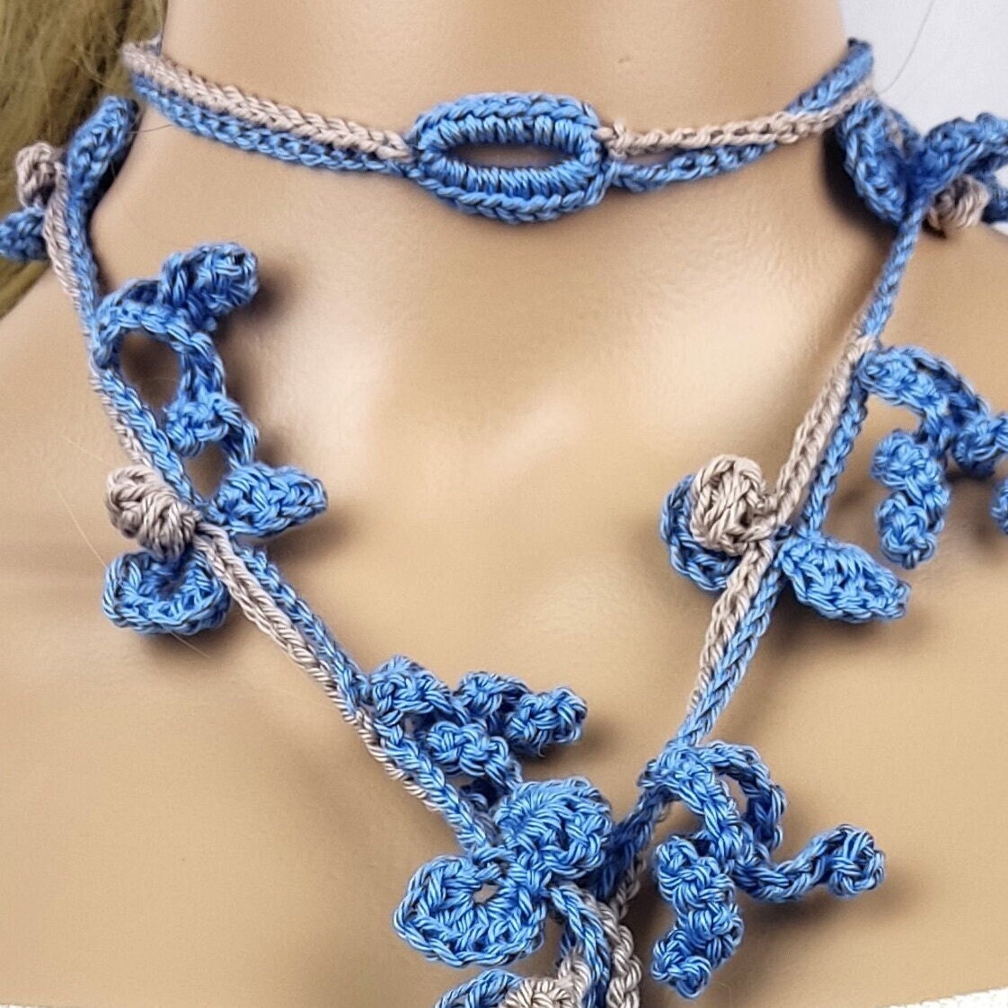 Long Crochet Flower Lariat Necklace - Denim Blue Cotton Scarf Necklace Boho