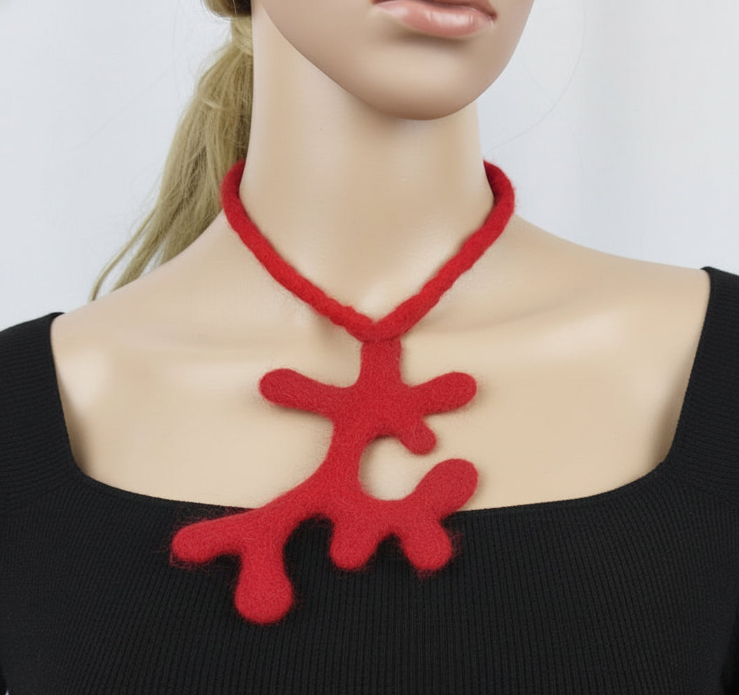 Red Wool Felted Choker - Branch & Leaves Art to Wear Necklace