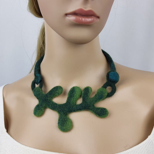 Green Wool Felted Choker - Branch & Leaves Art to Wear Necklace