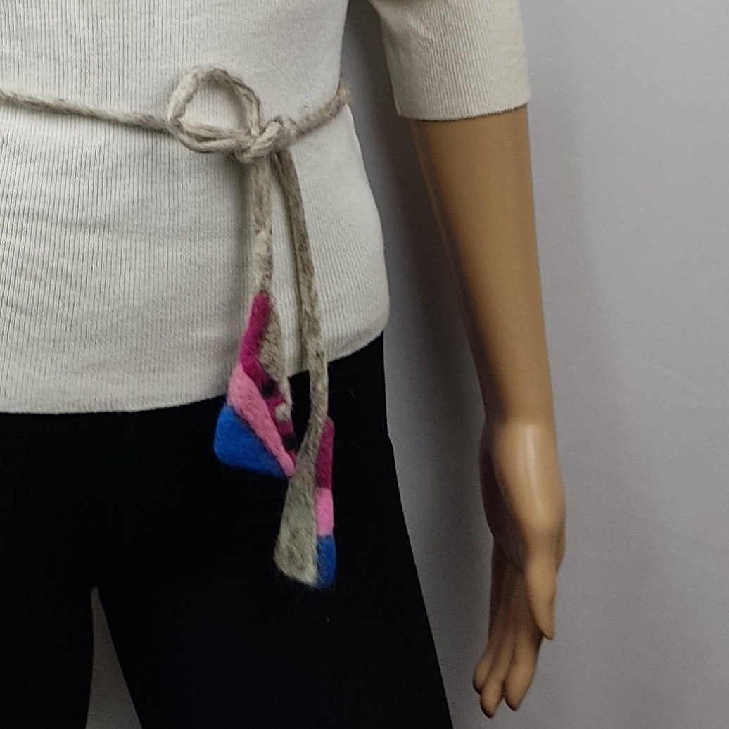 Felted Wool Lariat Necklace: Pink Blue Convertible Scarf Necklace