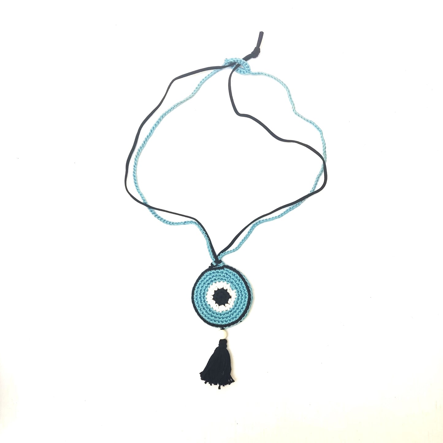 Crochet Evil Eye Necklace - Boho Statement Pendant with Tassel, Protection Jewelry
