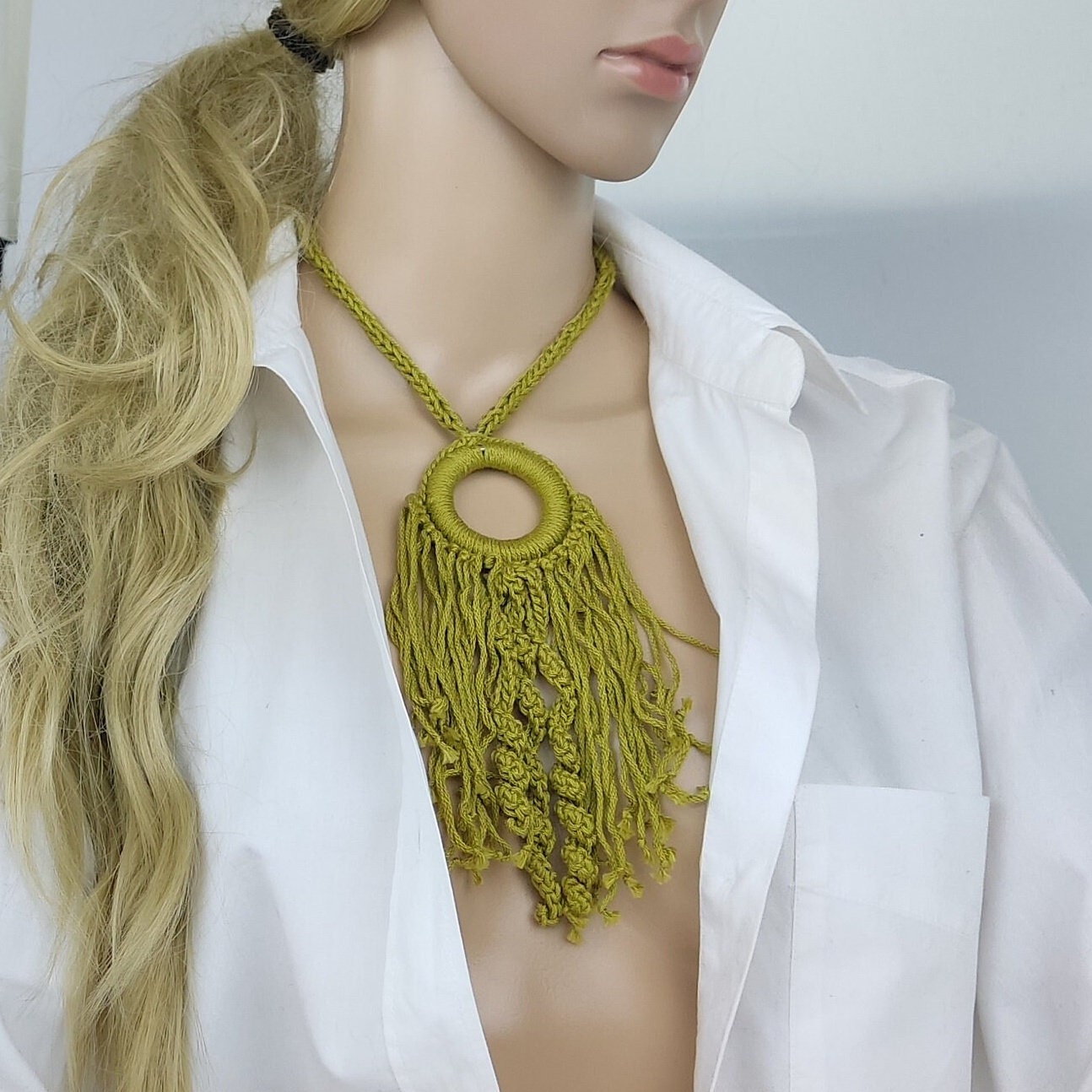 Olive Green Crochet Pendant Necklace - Handmade Boho Fringe Statement Jewelry