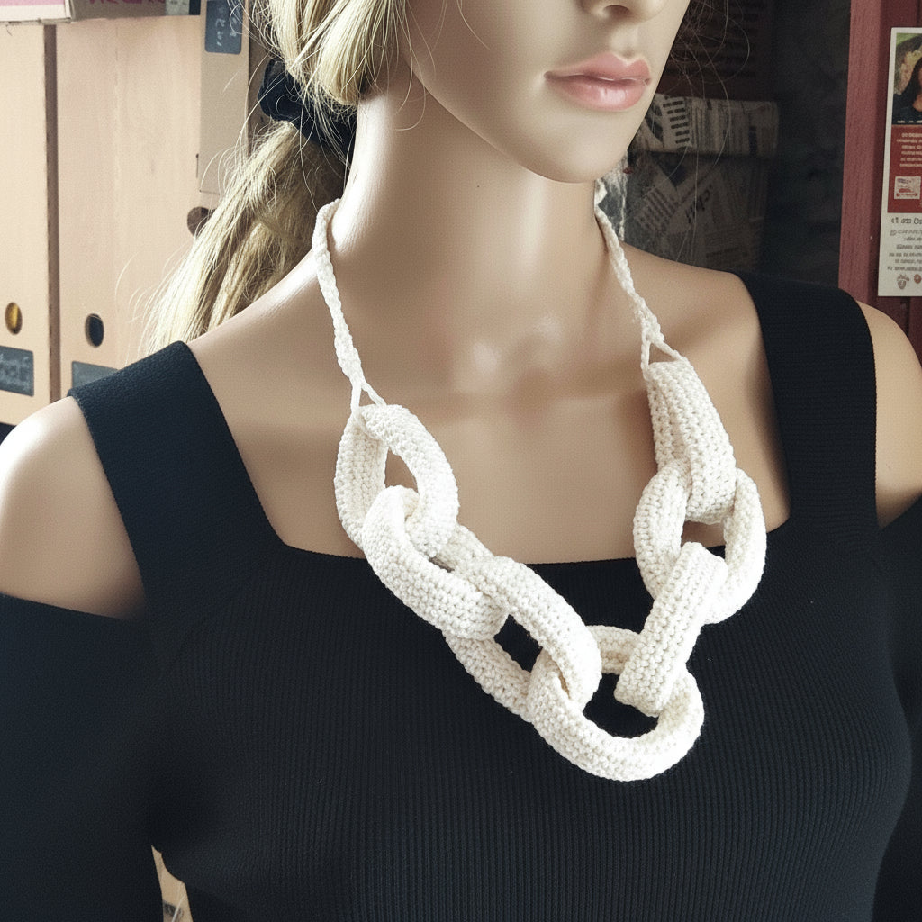 Black Chunky Braided Crochet Necklace - Handmade Cotton Statement Jewelry