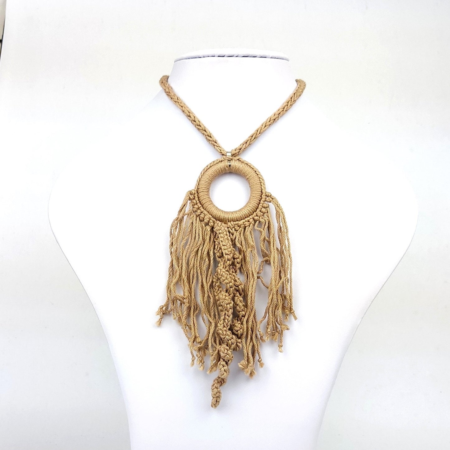 Crochet Pendant Necklace: Blue Boho Fringe Statement Jewelry