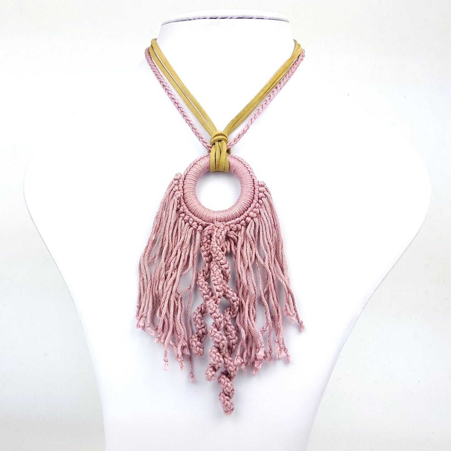 Crochet Pendant Necklace: Blue Boho Fringe Statement Jewelry