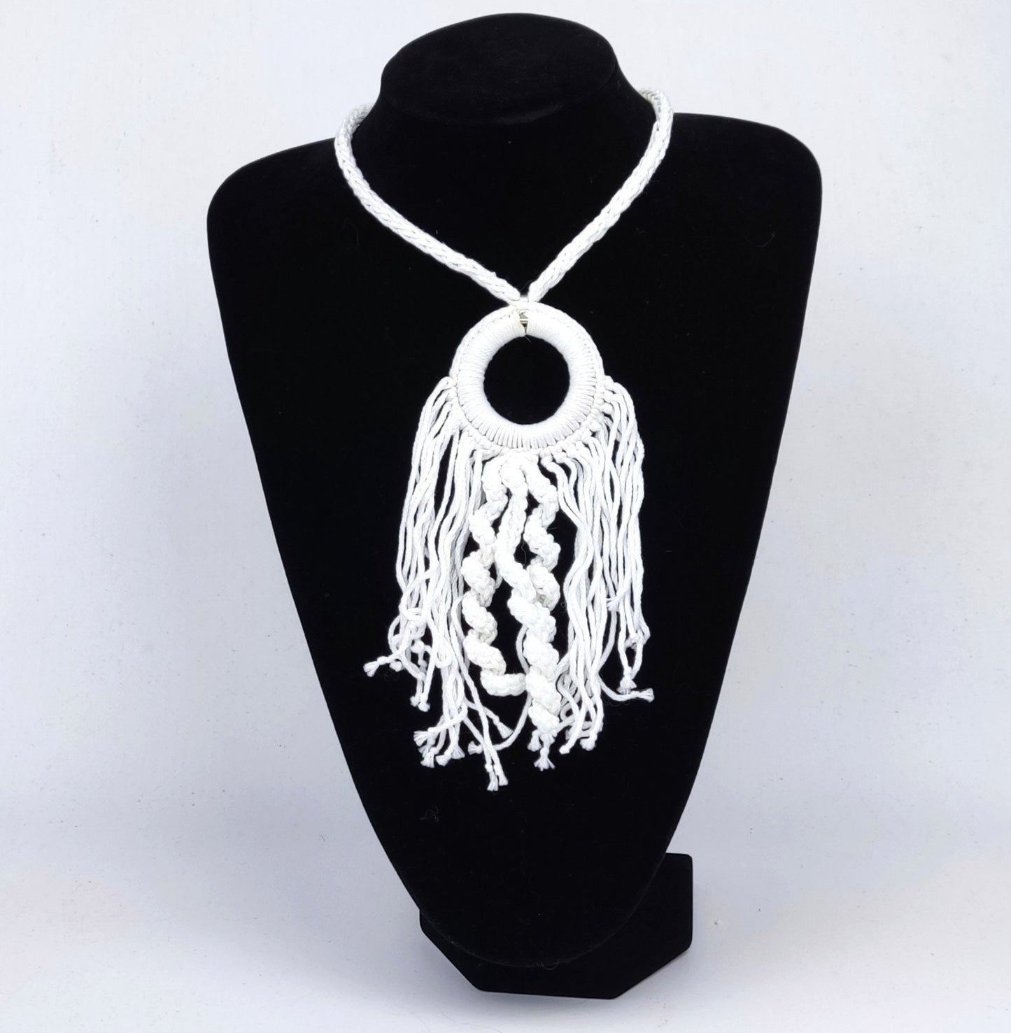 Crochet Pendant Necklace: Blue Boho Fringe Statement Jewelry
