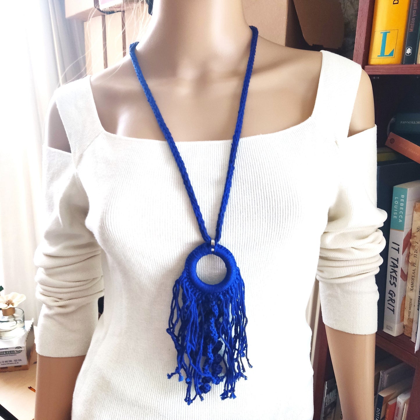 Crochet Pendant Necklace: Blue Boho Fringe Statement Jewelry