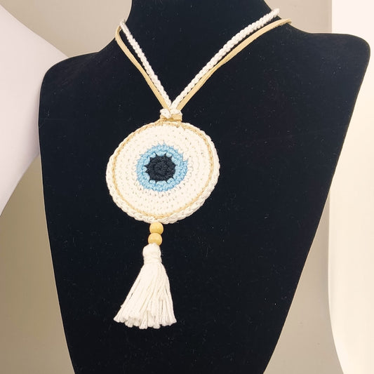 Crochet Evil Eye Necklace - Boho Statement Pendant with Tassel, Protection Jewelry