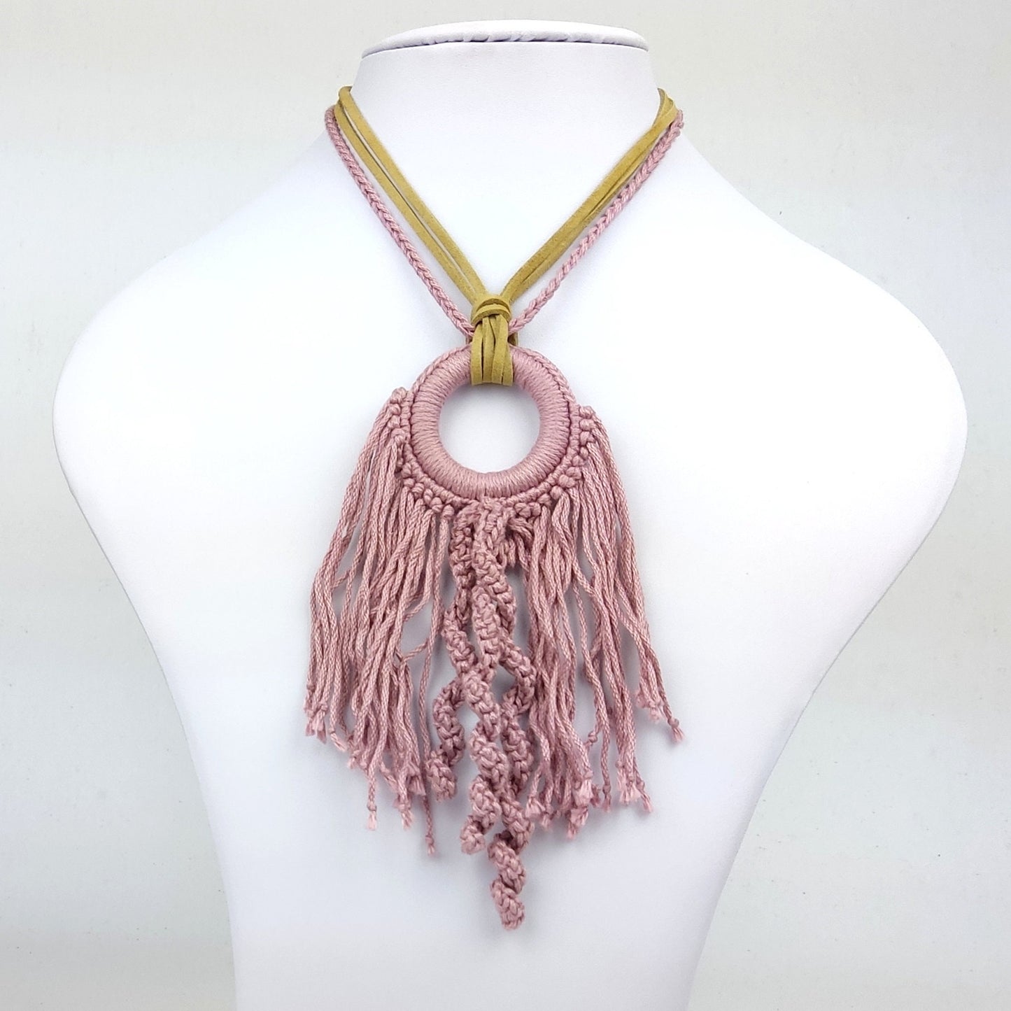 Burgundy Crochet Fringe Pendant Necklace - Handmade Boho Statement Jewelry