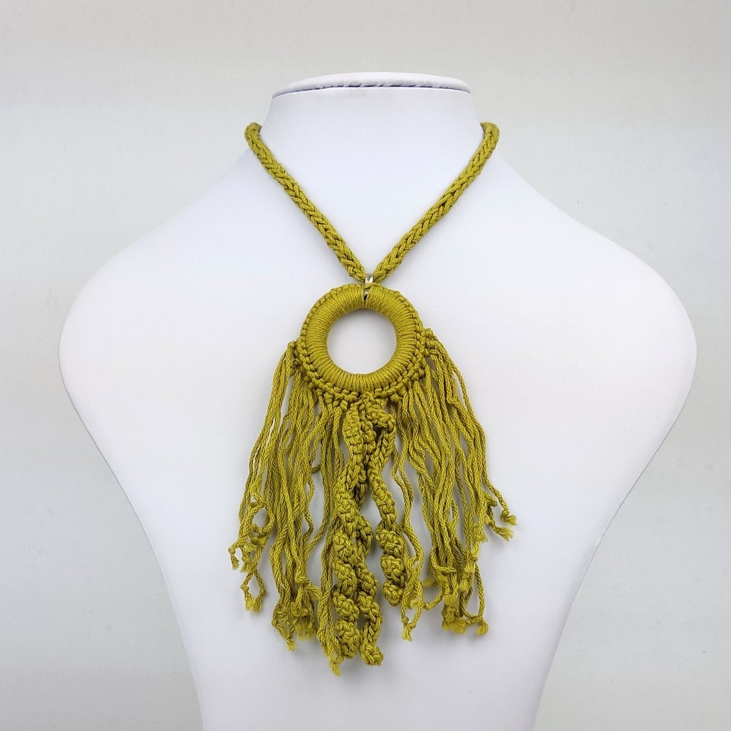 Pink Crochet Fringe Pendant Necklace - Handmade Boho Statement Jewelry